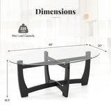 Oval Coffee Table with Tempered Glass Tabletop and Rubber Wood Legs-Black