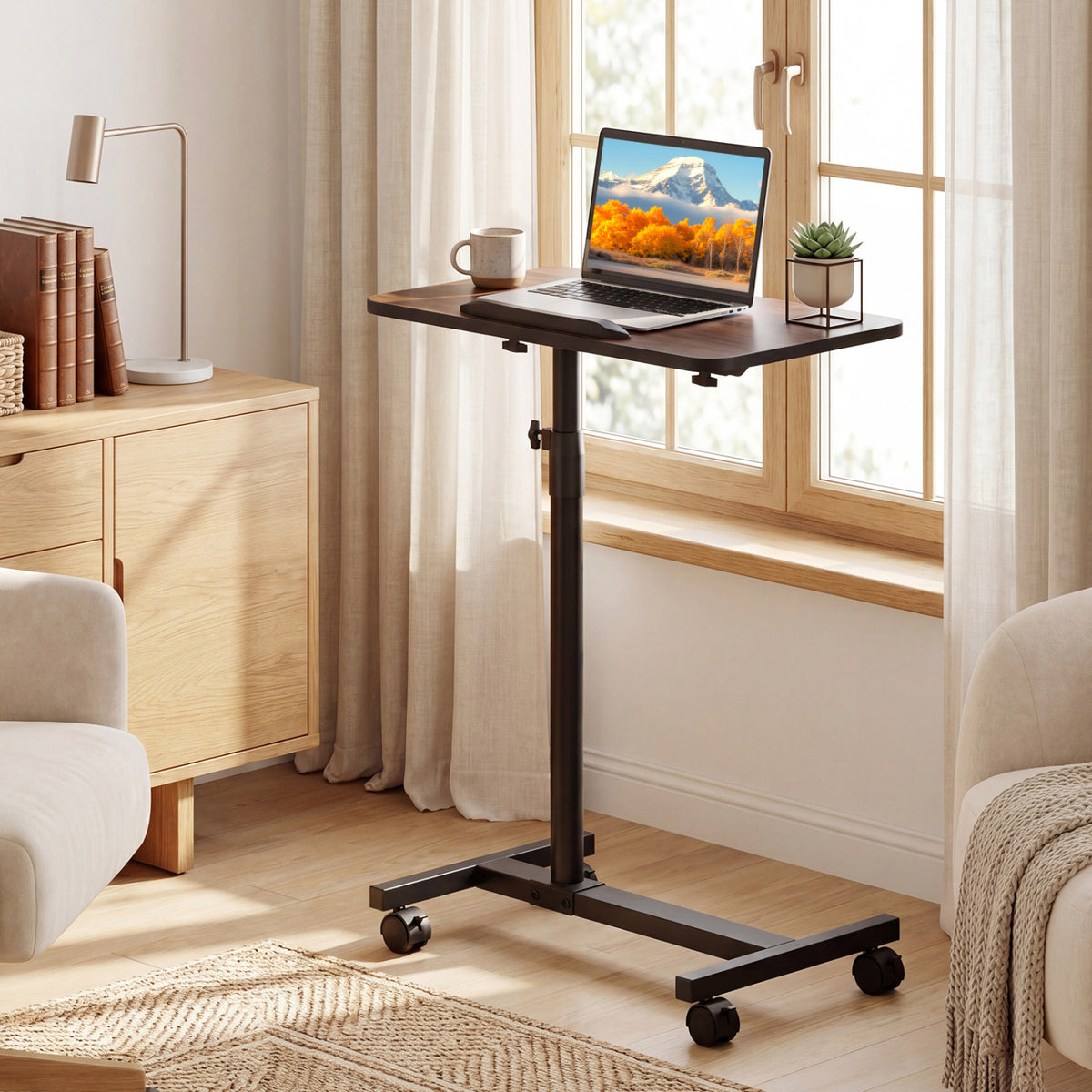 Over Bed Food Tray Small Rolling Computer Table-Walnut