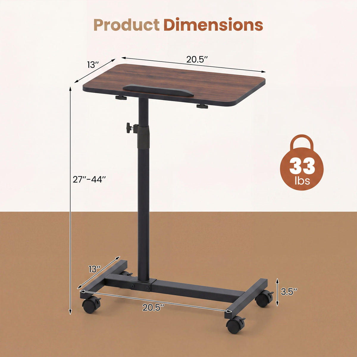 Over Bed Food Tray Small Rolling Computer Table-Walnut