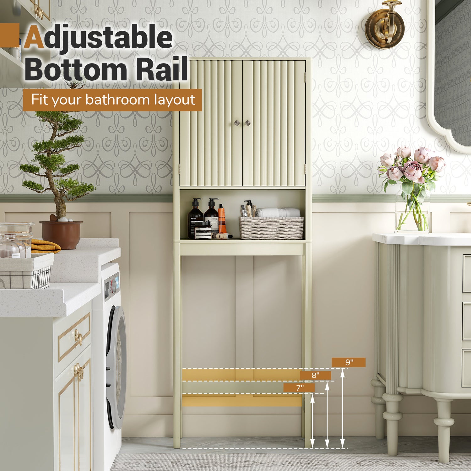 Over The Toilet Storage Cabinet with Fluted Doors-Beige