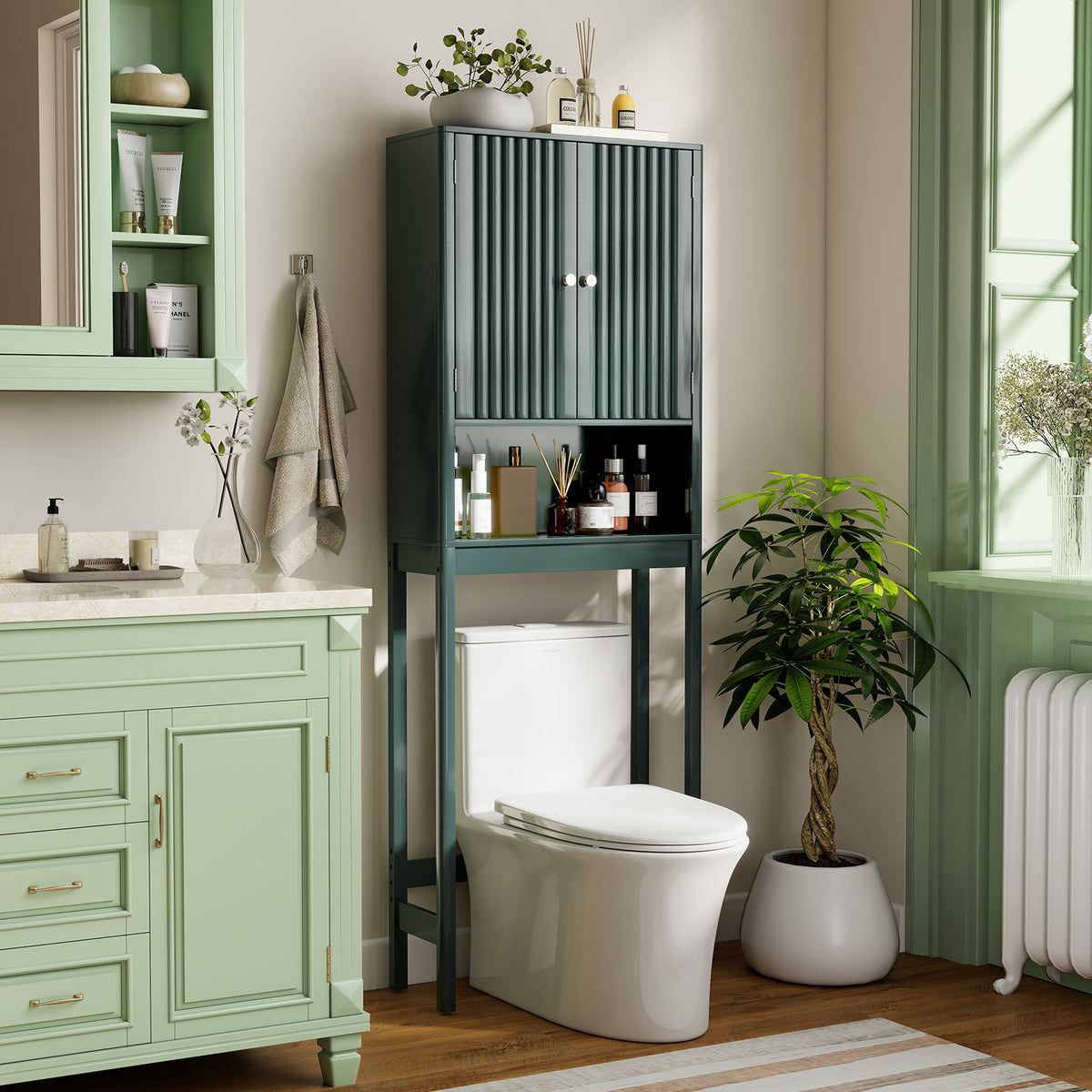 Over The Toilet Storage Cabinet with Fluted Doors-Green