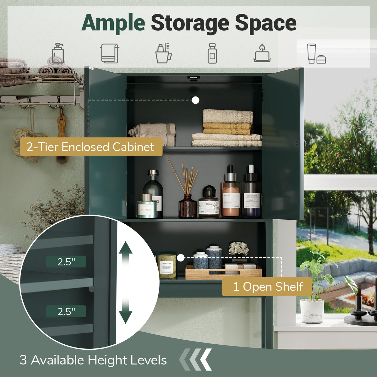 Over The Toilet Storage Cabinet with Fluted Doors-Green