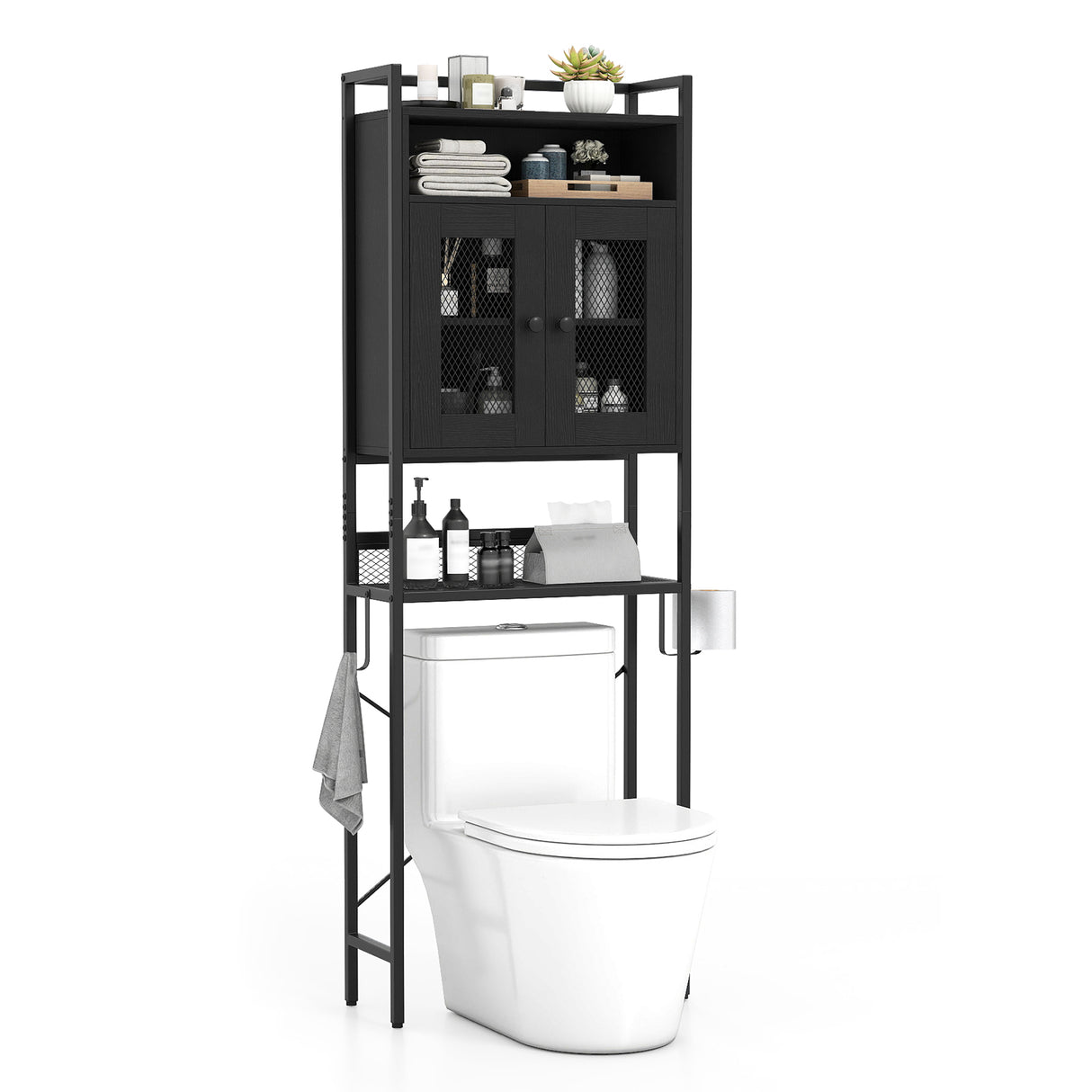 Over-The-Toilet Storage Cabinet with Heavy-Duty Metal Frame 2-door Freestanding-Black