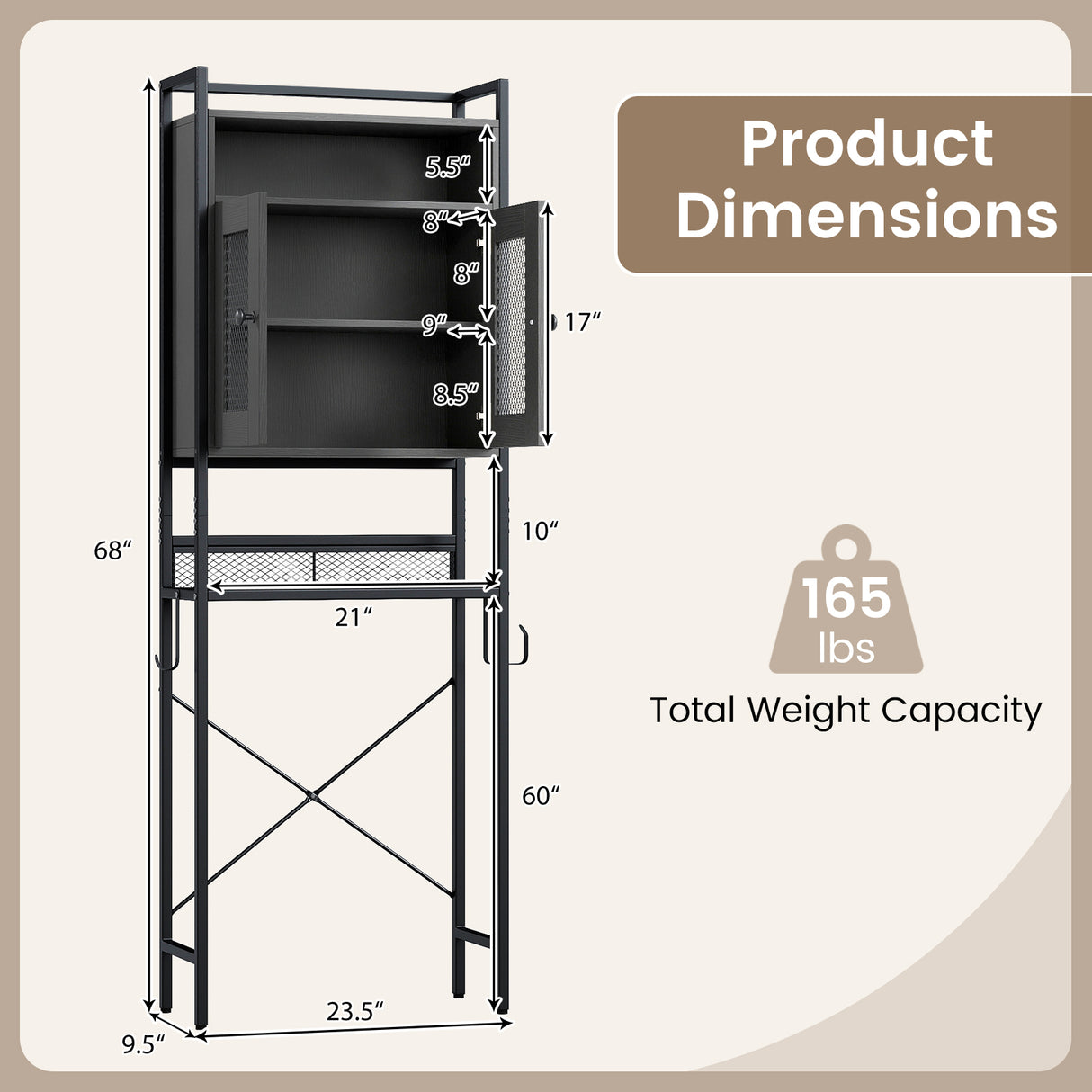 Over-The-Toilet Storage Cabinet with Heavy-Duty Metal Frame 2-door Freestanding-Black
