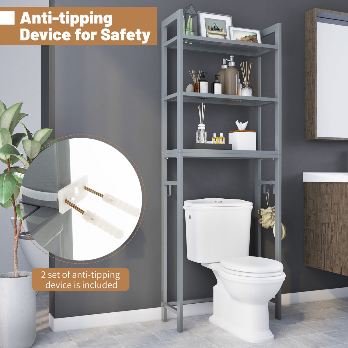 Over-The-Toilet Storage Shelf Space Saving Metal Bathroom Organizer Hooks-Gray