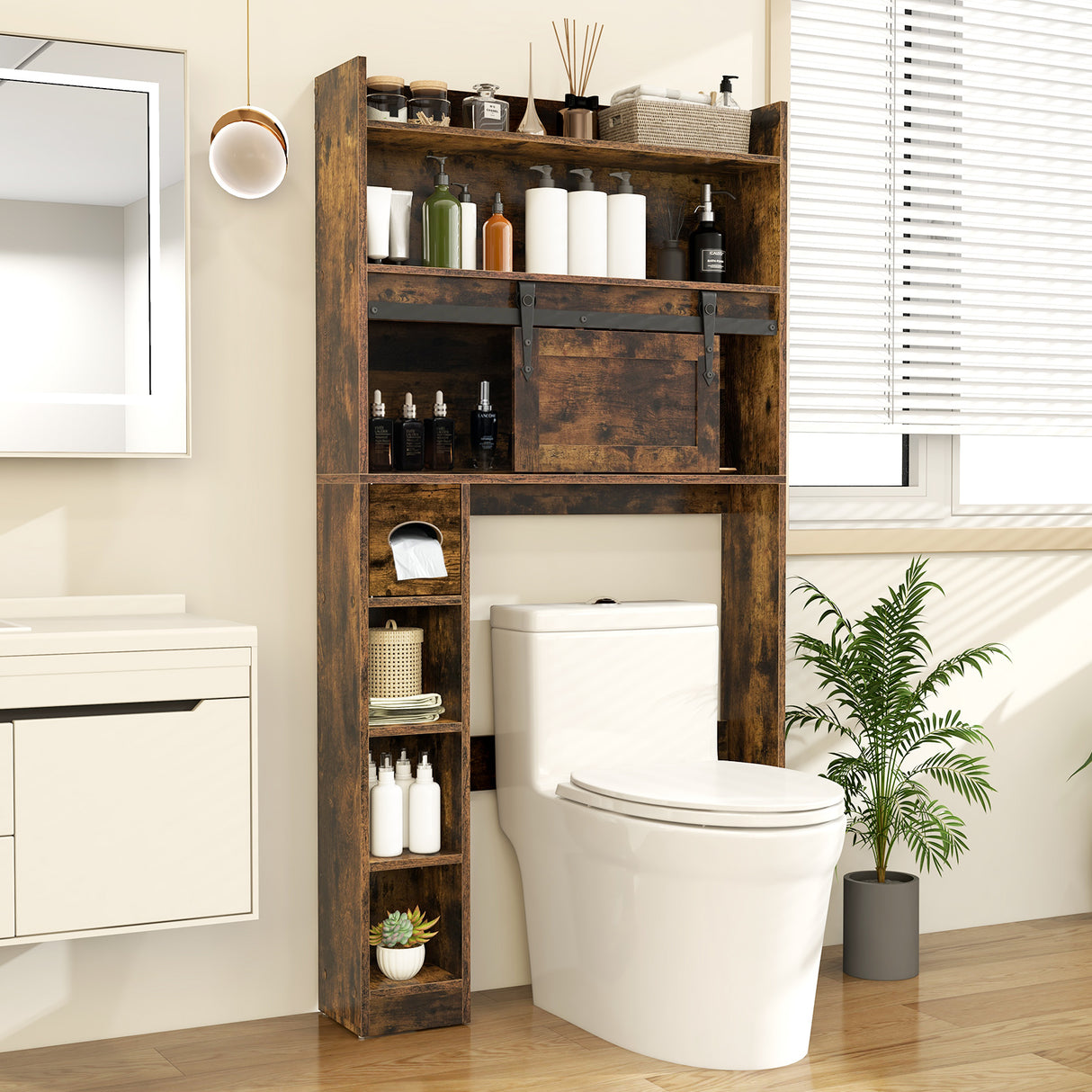 Over The Toilet Storage Cabinet with Sliding Barn Door and Adjustable Shelves-Rustic Brown