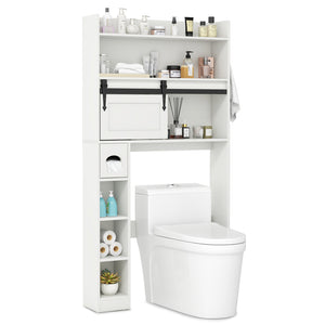 Over The Toilet Storage Cabinet with Sliding Barn Door and Adjustable Shelves-White