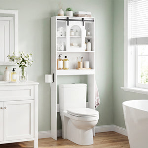 Over Toilet Storage Cabinet with Sliding Barn Door and Open Shelves for Bathroom-White
