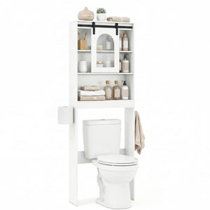 Over Toilet Storage Cabinet with Sliding Barn Door and Open Shelves for Bathroom-White