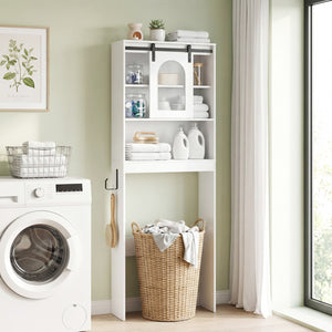 Over Toilet Storage Cabinet with Sliding Barn Door and Open Shelves for Bathroom-White