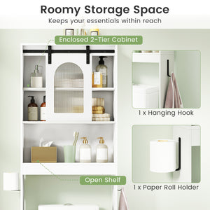 Over Toilet Storage Cabinet with Sliding Barn Door and Open Shelves for Bathroom-White
