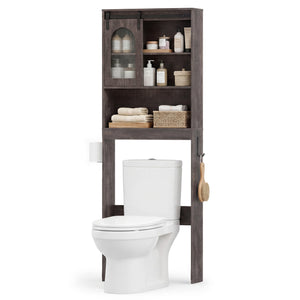 Over Toilet Storage Cabinet with Sliding Barn Door and Open Shelves for Bathroom-Oak