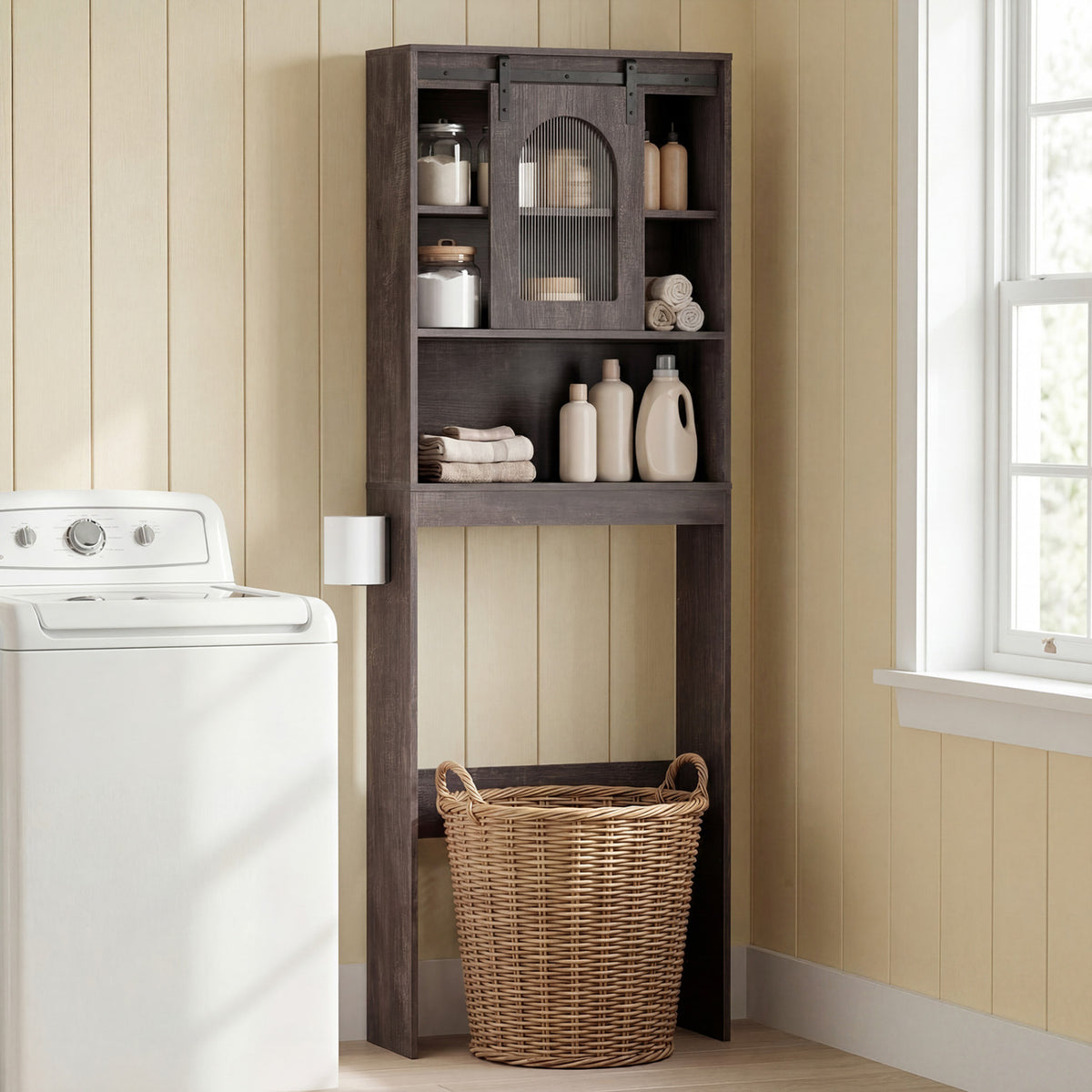Over Toilet Storage Cabinet with Sliding Barn Door and Open Shelves for Bathroom-Oak