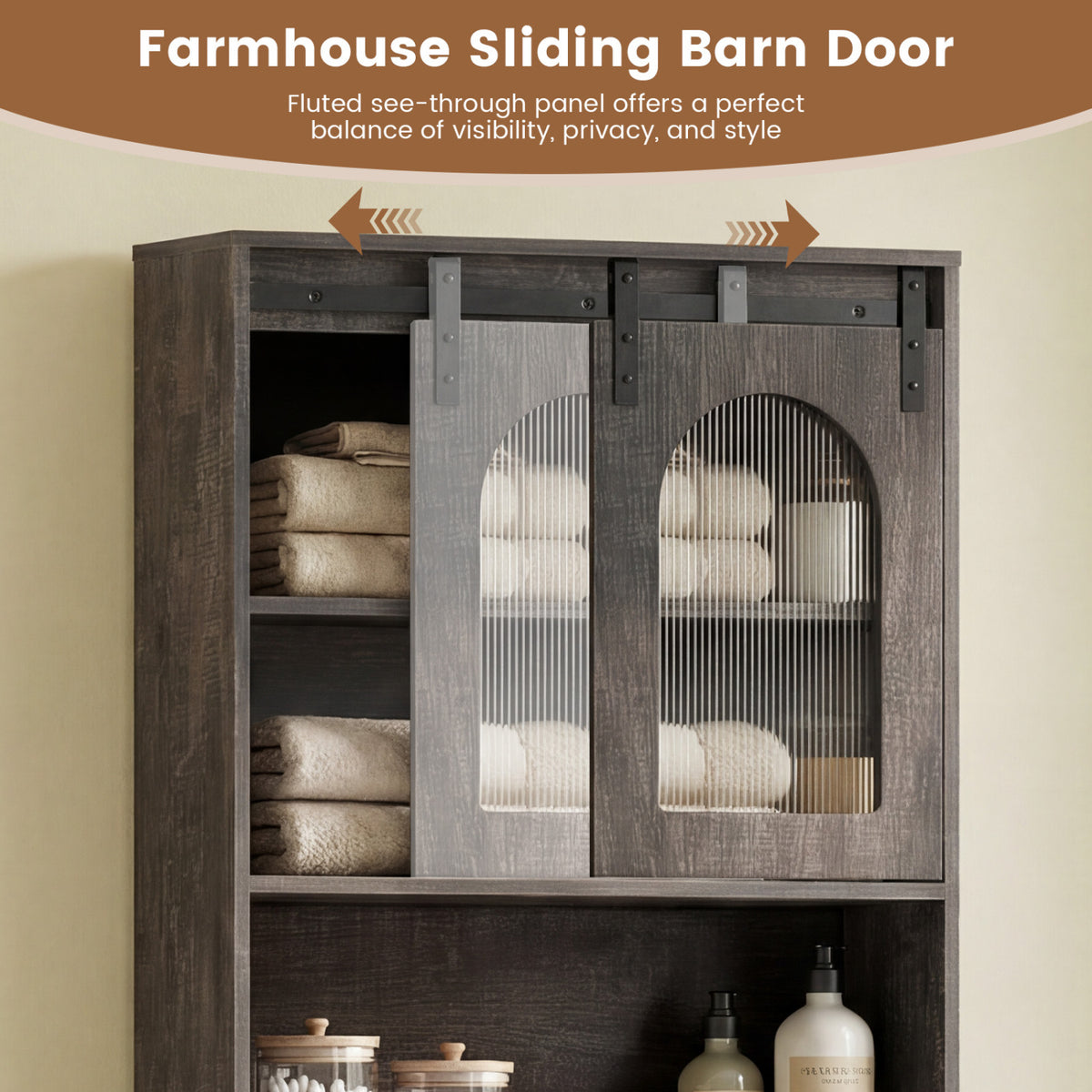 Over Toilet Storage Cabinet with Sliding Barn Door and Open Shelves for Bathroom-Oak