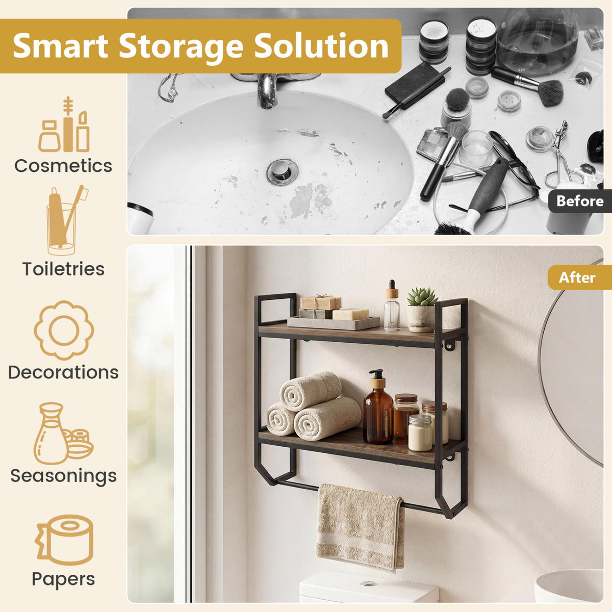 Over the Toilet Shelf Wall Mounted for Bathroom with Metal Frame-Gray