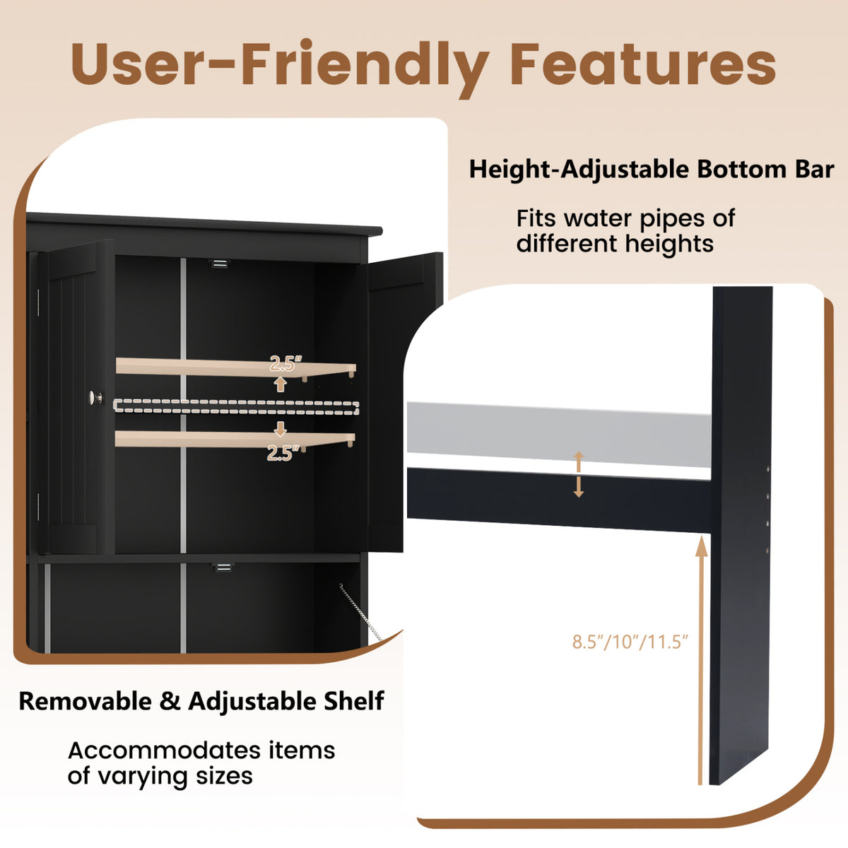 Over the Toilet Storage Cabinet with Adjustable Shelf and Bottom Bar-Black