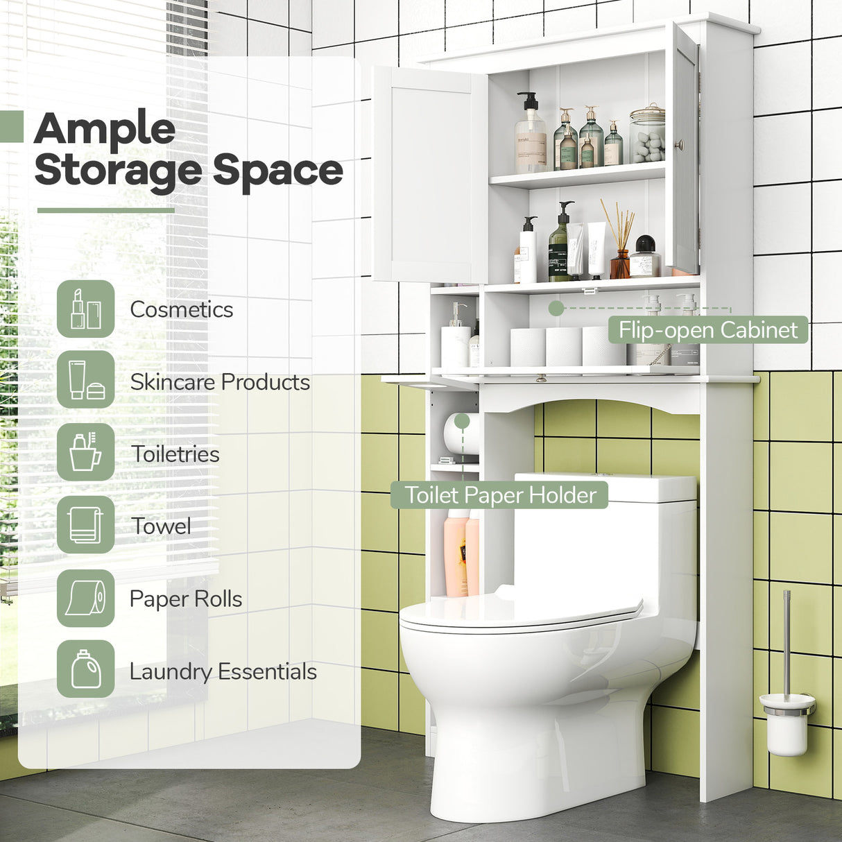 Over the Toilet Storage Cabinet with Adjustable Shelf and Bottom Bar-White