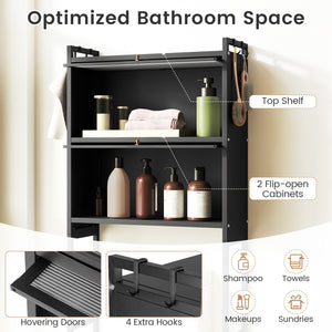 Over-the-toilet Cabinet Bathroom Organizer with 2 Flip-up Cabinets-Black