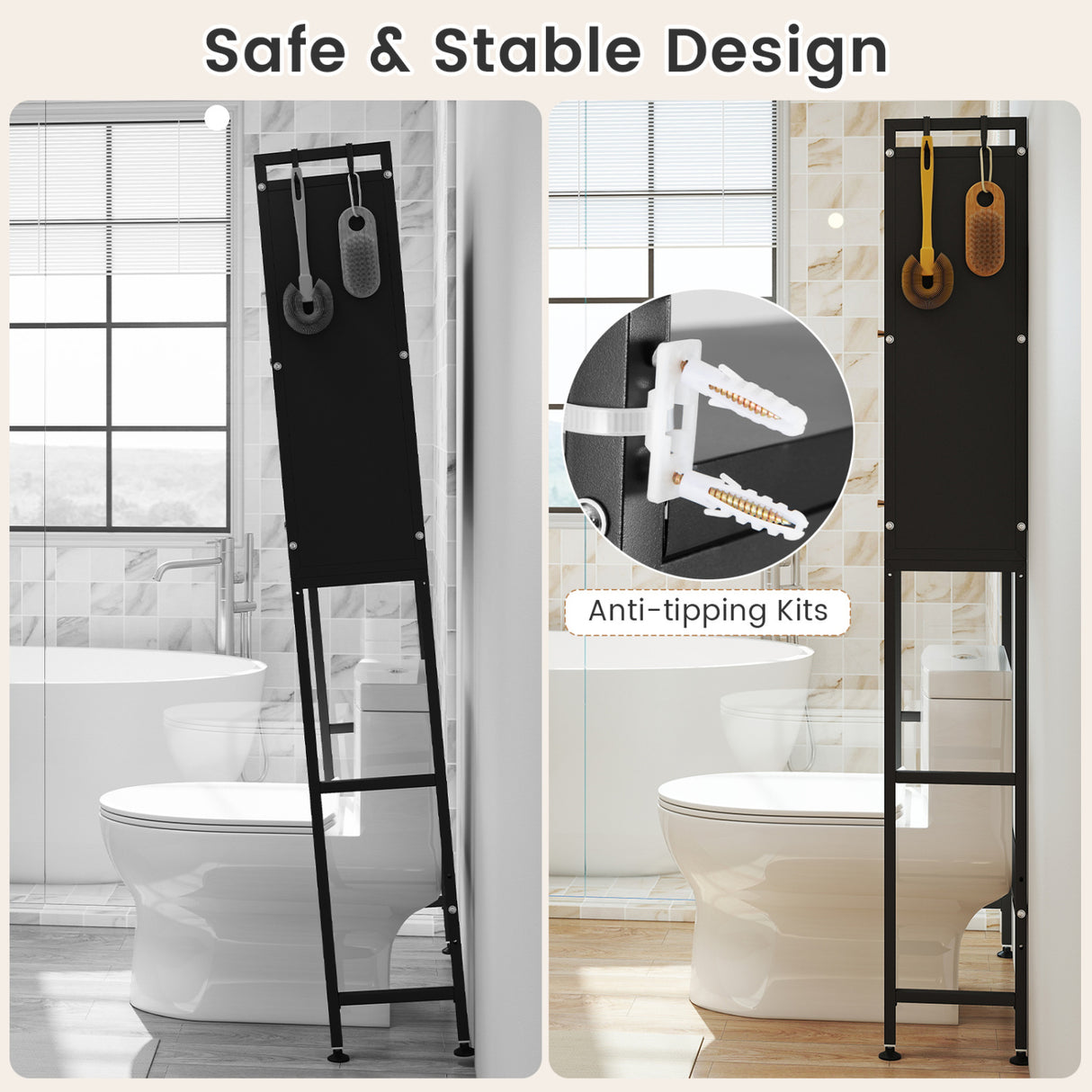 Over-the-toilet Cabinet Bathroom Organizer with 2 Flip-up Cabinets-Black