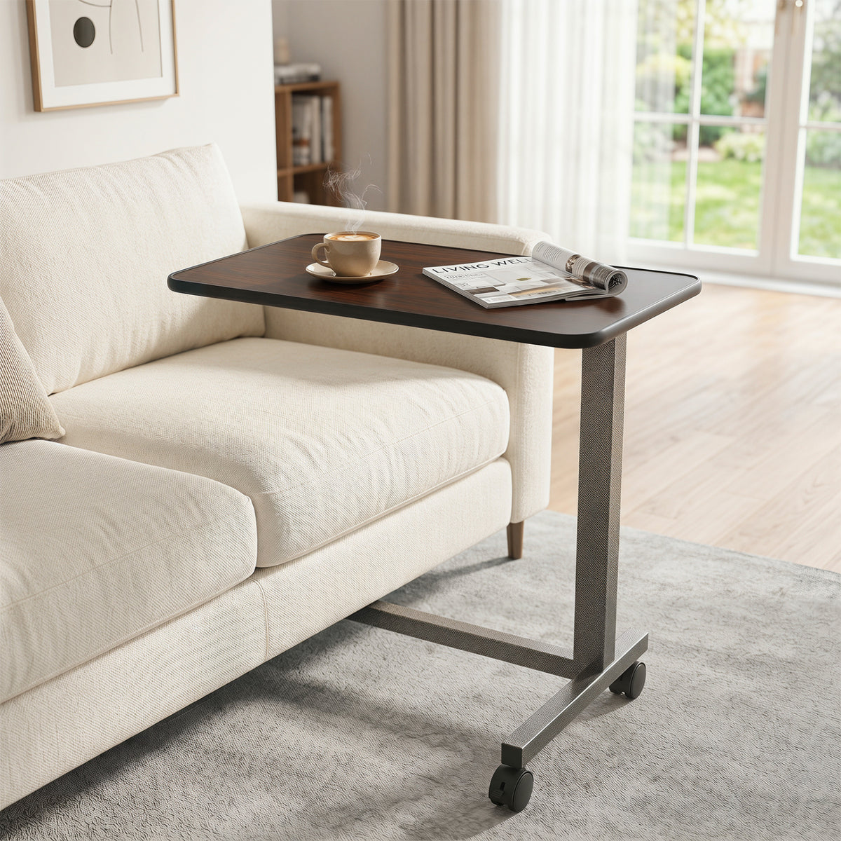 Overbed Table with Lockable Rolling Wheels and Sturdy H-Shaped Base for Hospital and Home Use-Walnut