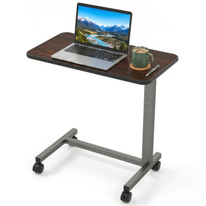 Overbed Table with Lockable Rolling Wheels and Sturdy H-Shaped Base for Hospital and Home Use-Walnut