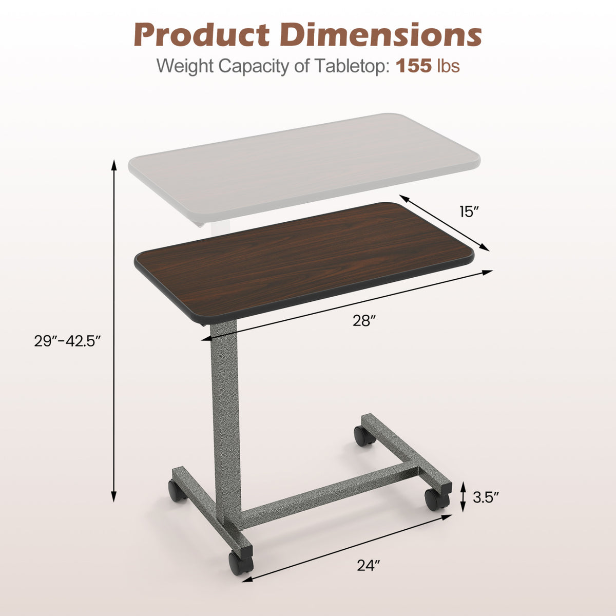 Overbed Table with Lockable Rolling Wheels and Sturdy H-Shaped Base for Hospital and Home Use-Walnut