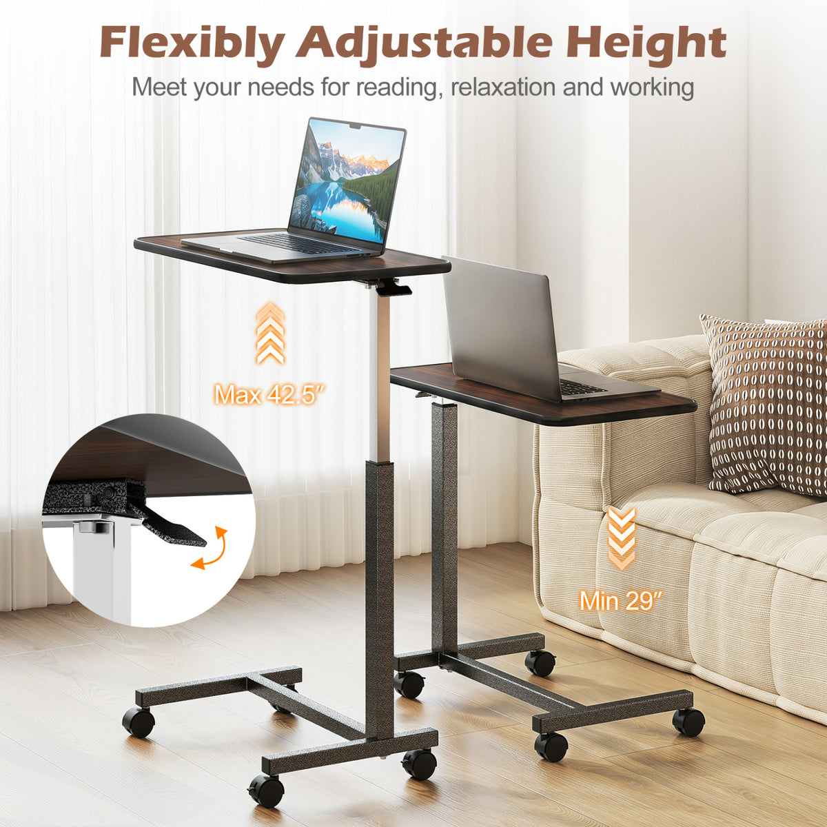 Overbed Table with Lockable Rolling Wheels and Sturdy H-Shaped Base for Hospital and Home Use-Walnut