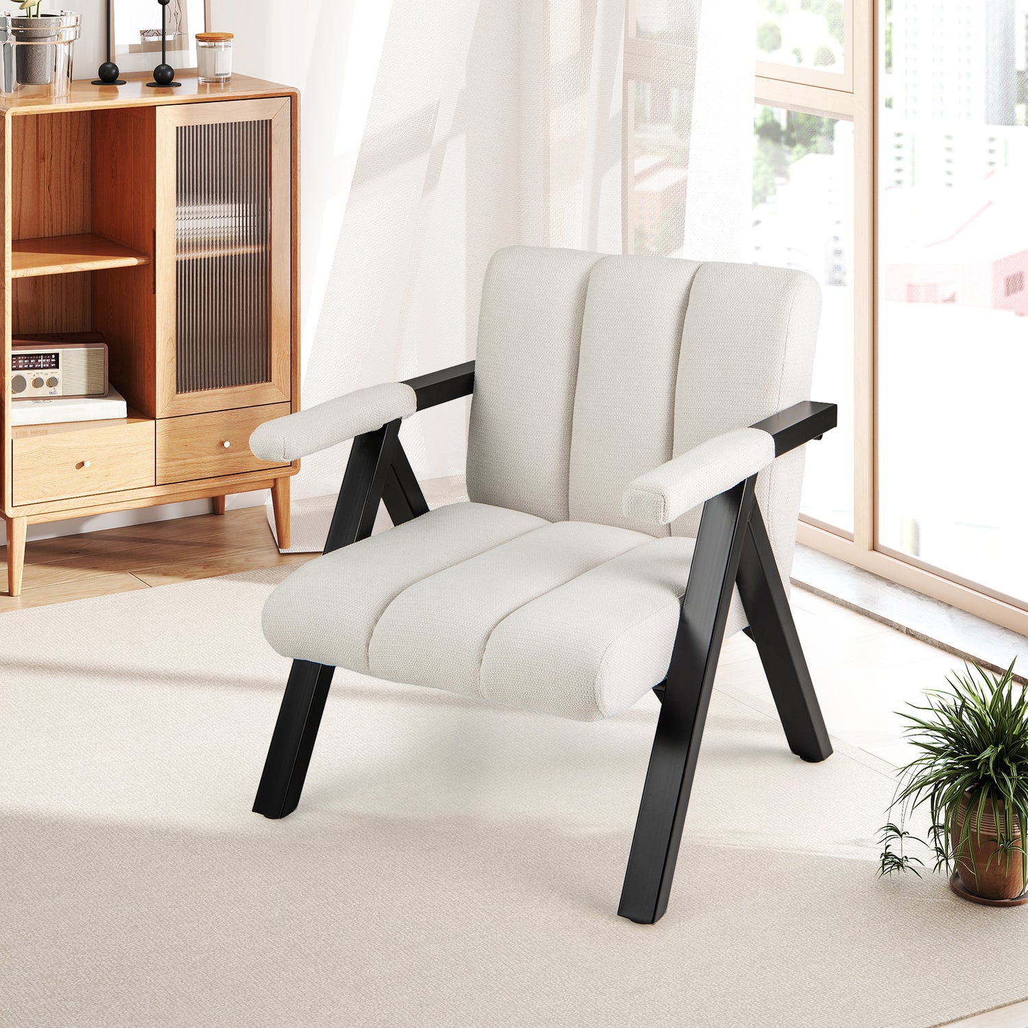 Oversized Accent Chair with Metal Frame and Armrests-Beige