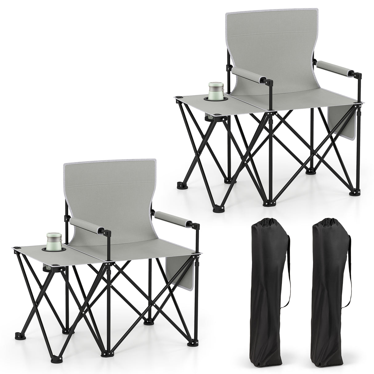 Oversized Camping Chair with Side Table and 2 Storage Pockets-Gray
