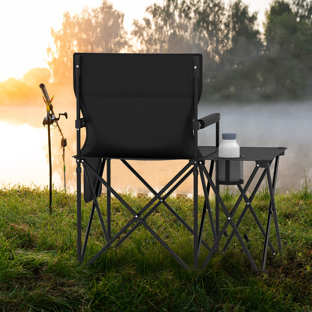 Oversized Camping Chair with Side Table and 2 Storage Pockets-Black