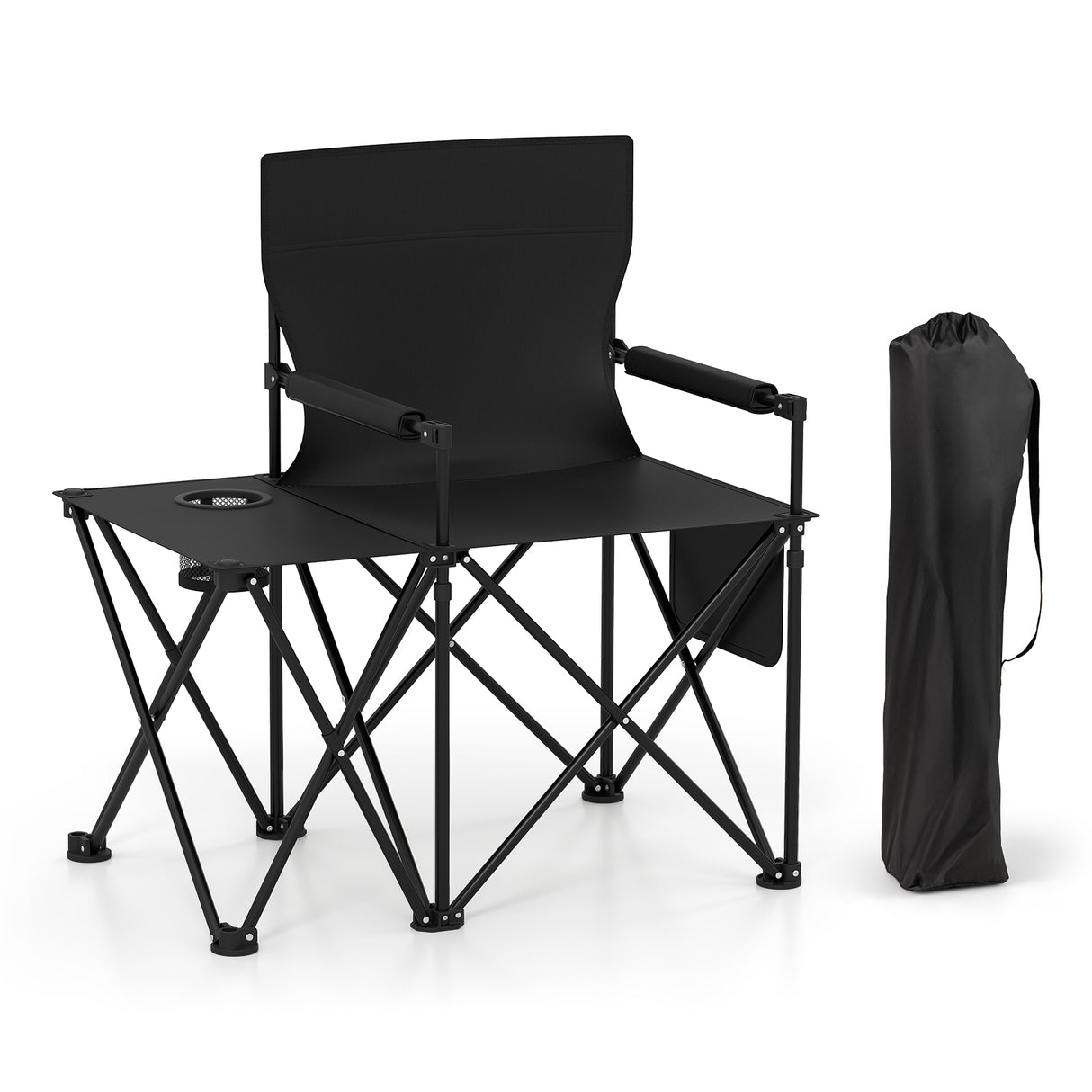 Oversized Camping Chair with Side Table and 2 Storage Pockets-Black