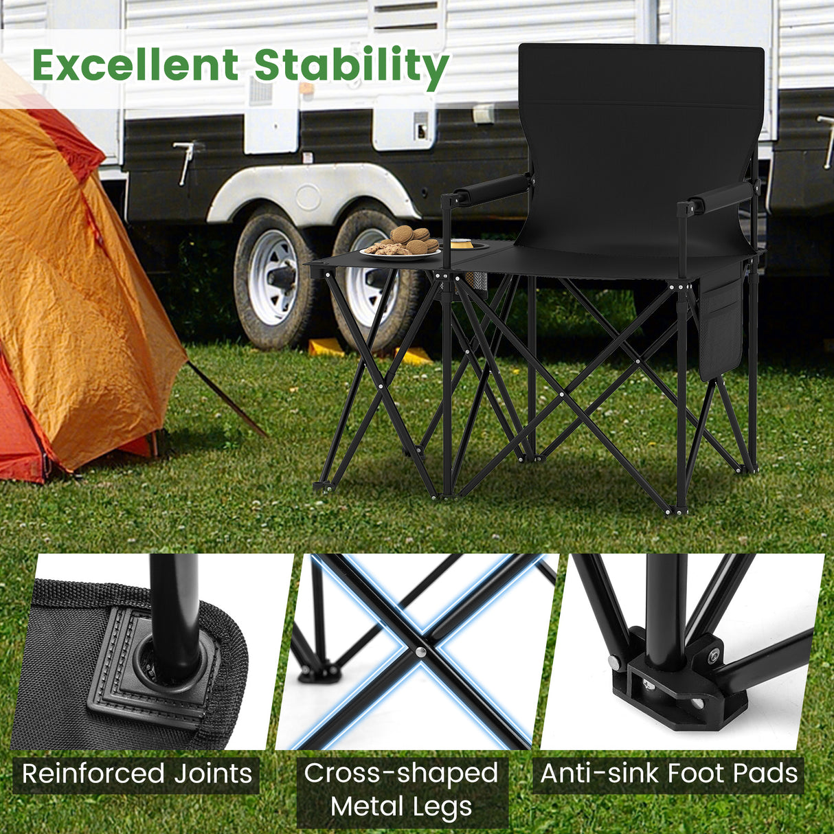 Oversized Camping Chair with Side Table and 2 Storage Pockets-Black