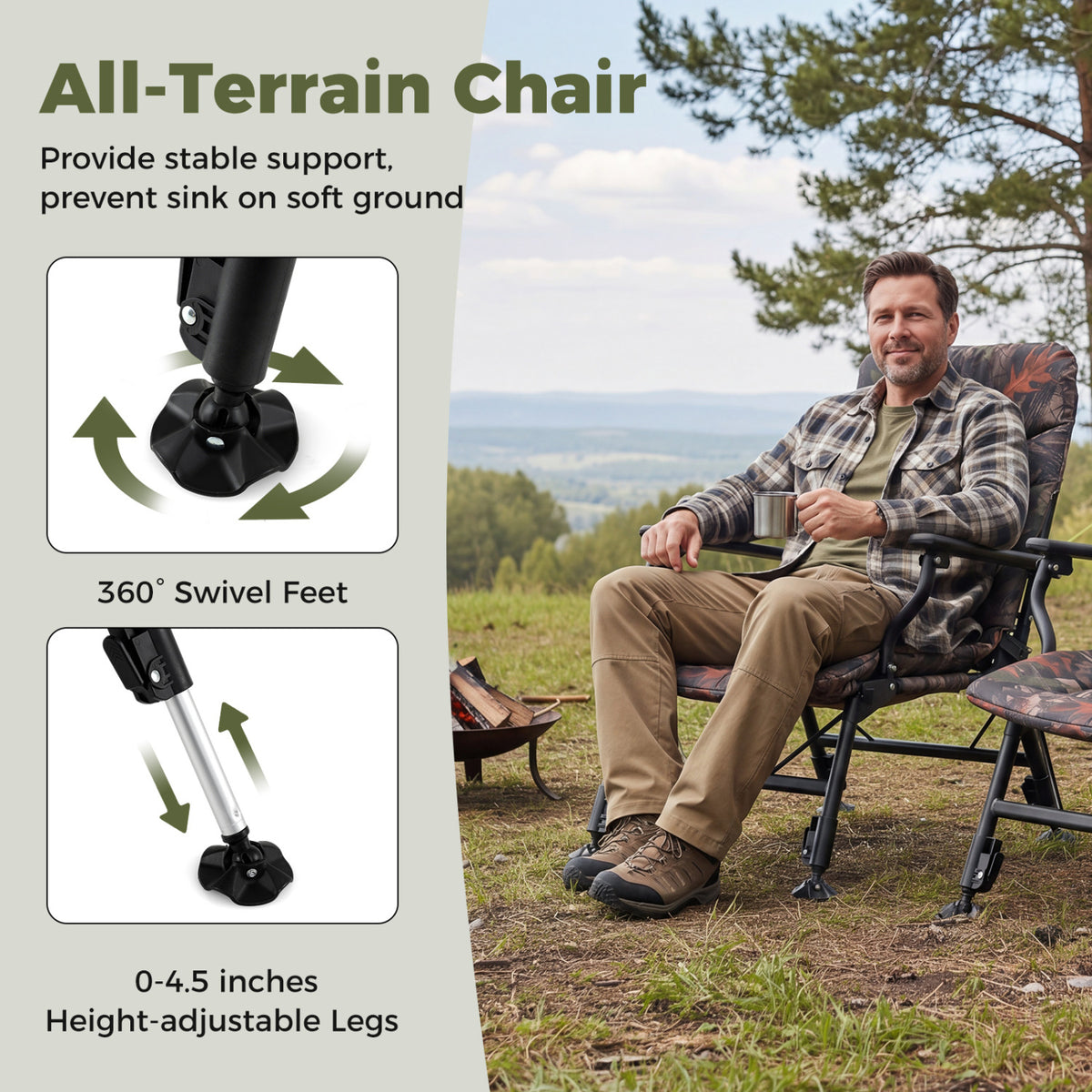 Oversized Foldable Fishing Chair for Adults with Armrest-Multicolor