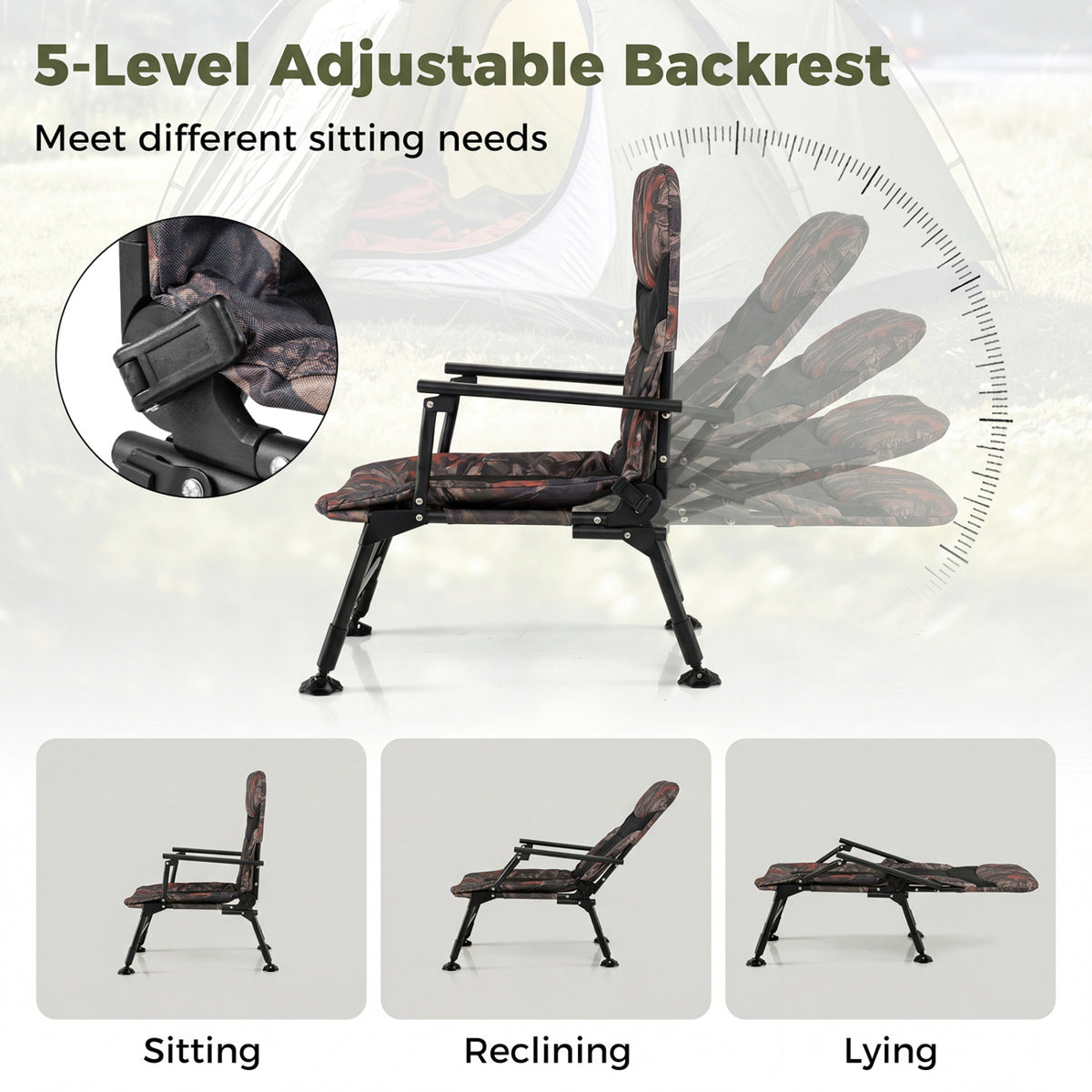 Oversized Foldable Fishing Chair for Adults with Armrest-Multicolor
