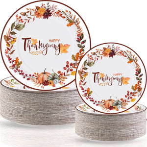Havawish 120 Pcs Thanksgiving Fall Paper Plates 7 Inch and 9 Inch Autumn Harvest Disposable Dinner Paper Goods Fall Leaf Pumpkin Dinnerware Thanksgiving Party Supplies(Basic ColorHappy Thanksgiving)