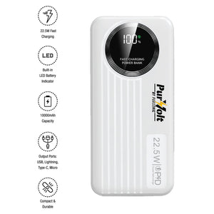 Pursonic 10,000mAh LED Fast Charging Power Bank – Built-in Cables, 22.5W Output, Type-C/USB/Lightning Compatibility by Pursonic