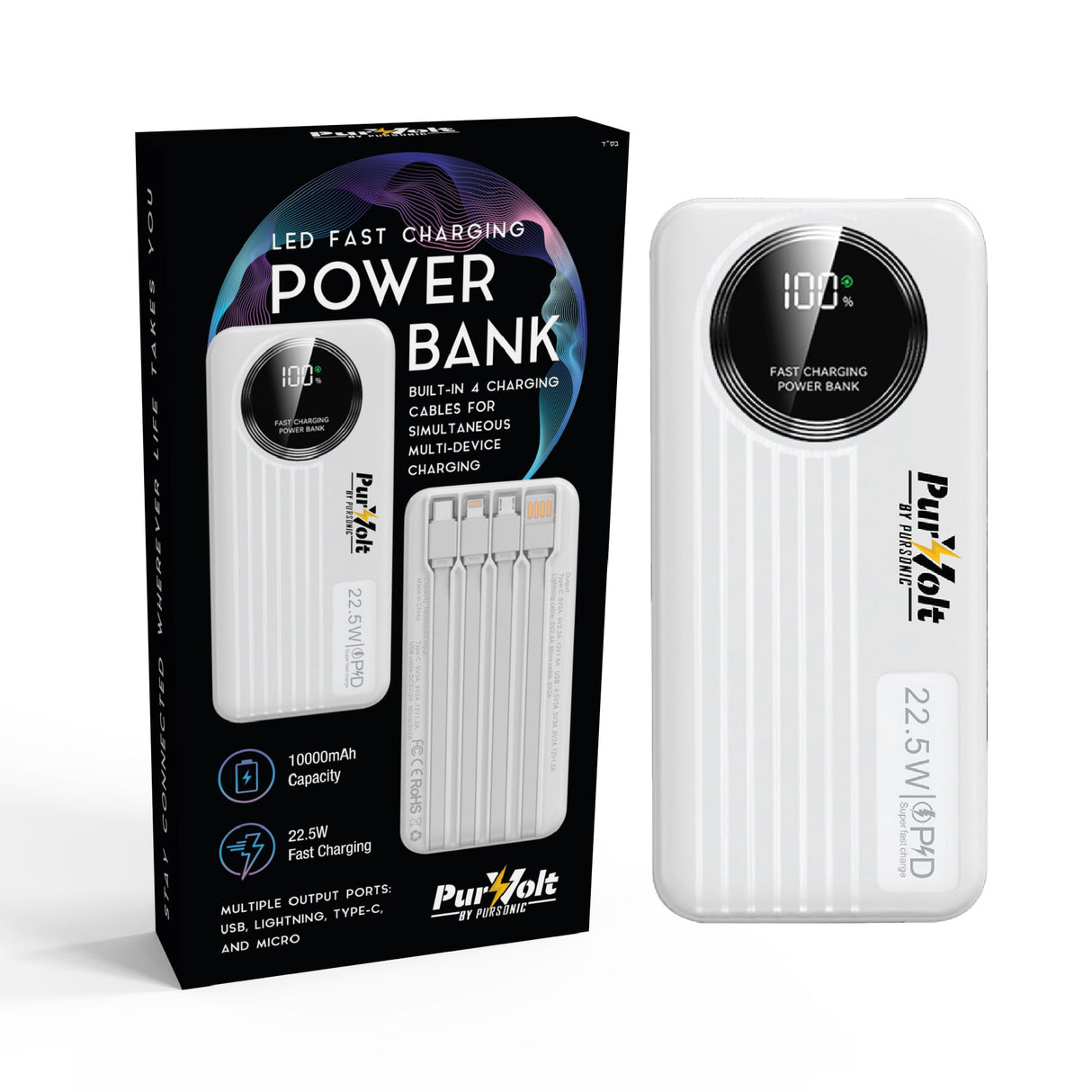 Pursonic 10,000mAh LED Fast Charging Power Bank – Built-in Cables, 22.5W Output, Type-C/USB/Lightning Compatibility by Pursonic