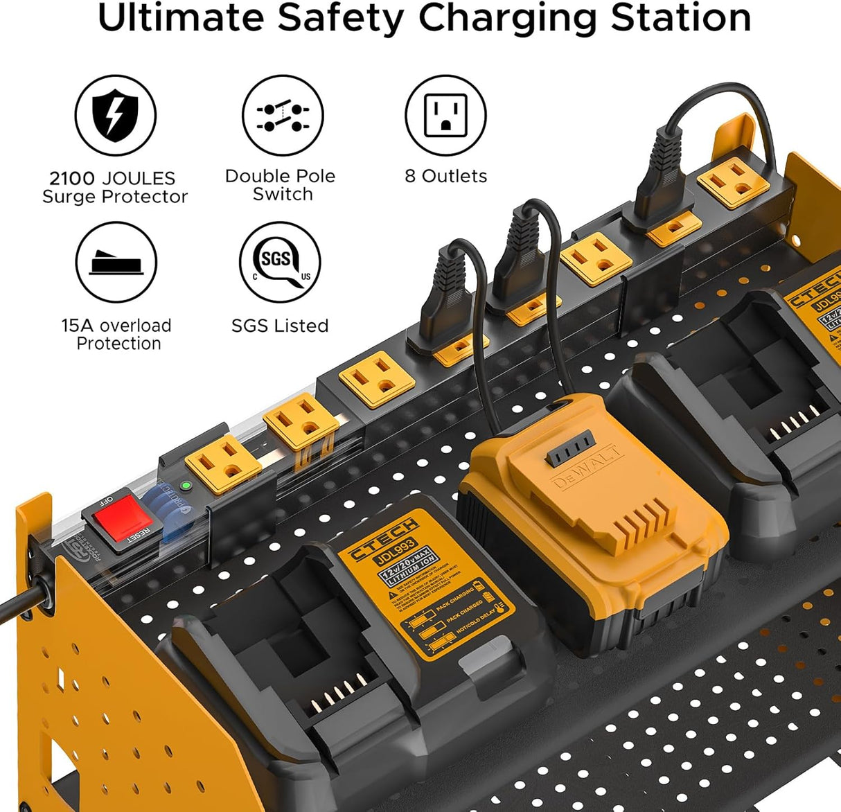 Power Tool Organizer Wall Mount, Cordless Drill Holder with 8-Outlet Power Strip, Modular Garage Organization Storage Rack 36 Months Warranty