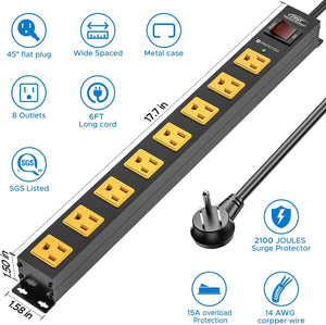 CRST 2 Pack 8 Outlet Metal Heavy Duty Power Strip  2100J Surge Protector 15A 1875W Mountable Wide Spaced Power Bar 6FT Flat Plug Extension Cord