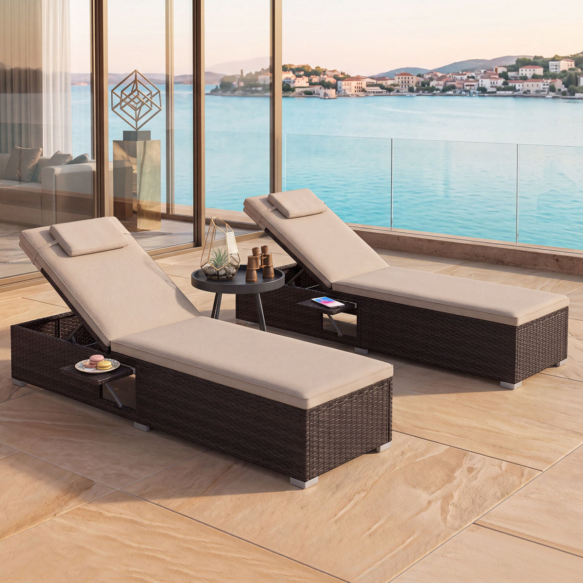 PE Rattan Chaise Lounge Set of 2 with 6-Position Adjustable Backrest and Foldable Side Table-Brown