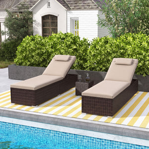 PE Rattan Chaise Lounge Set of 2 with 6-Position Adjustable Backrest and Foldable Side Table-Brown