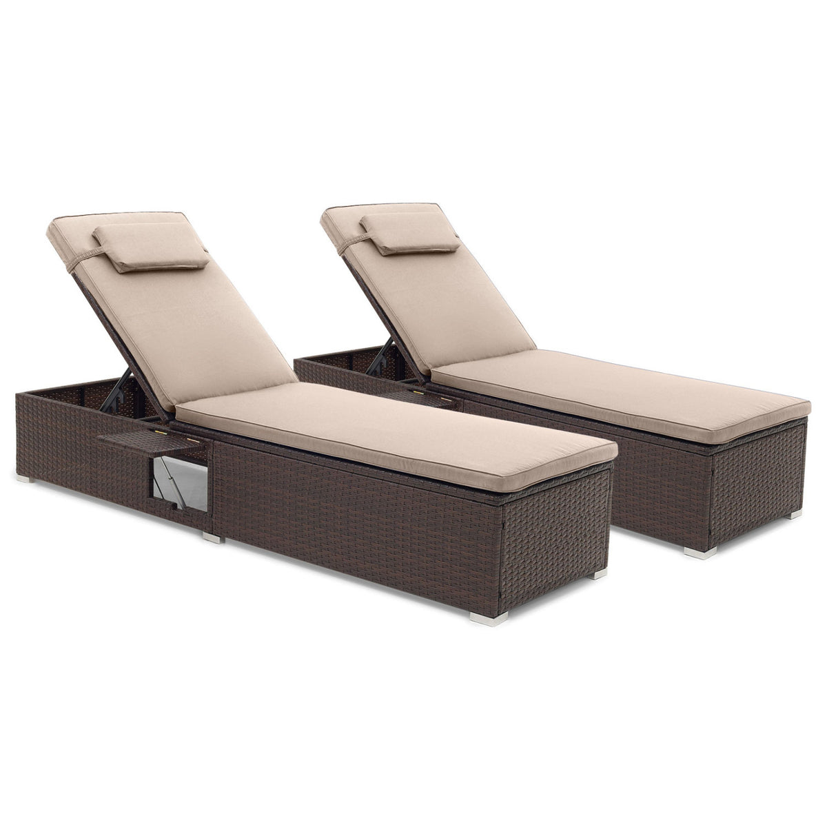PE Rattan Chaise Lounge Set of 2 with 6-Position Adjustable Backrest and Foldable Side Table-Brown