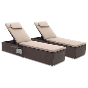 PE Rattan Chaise Lounge Set of 2 with 6-Position Adjustable Backrest and Foldable Side Table-Brown