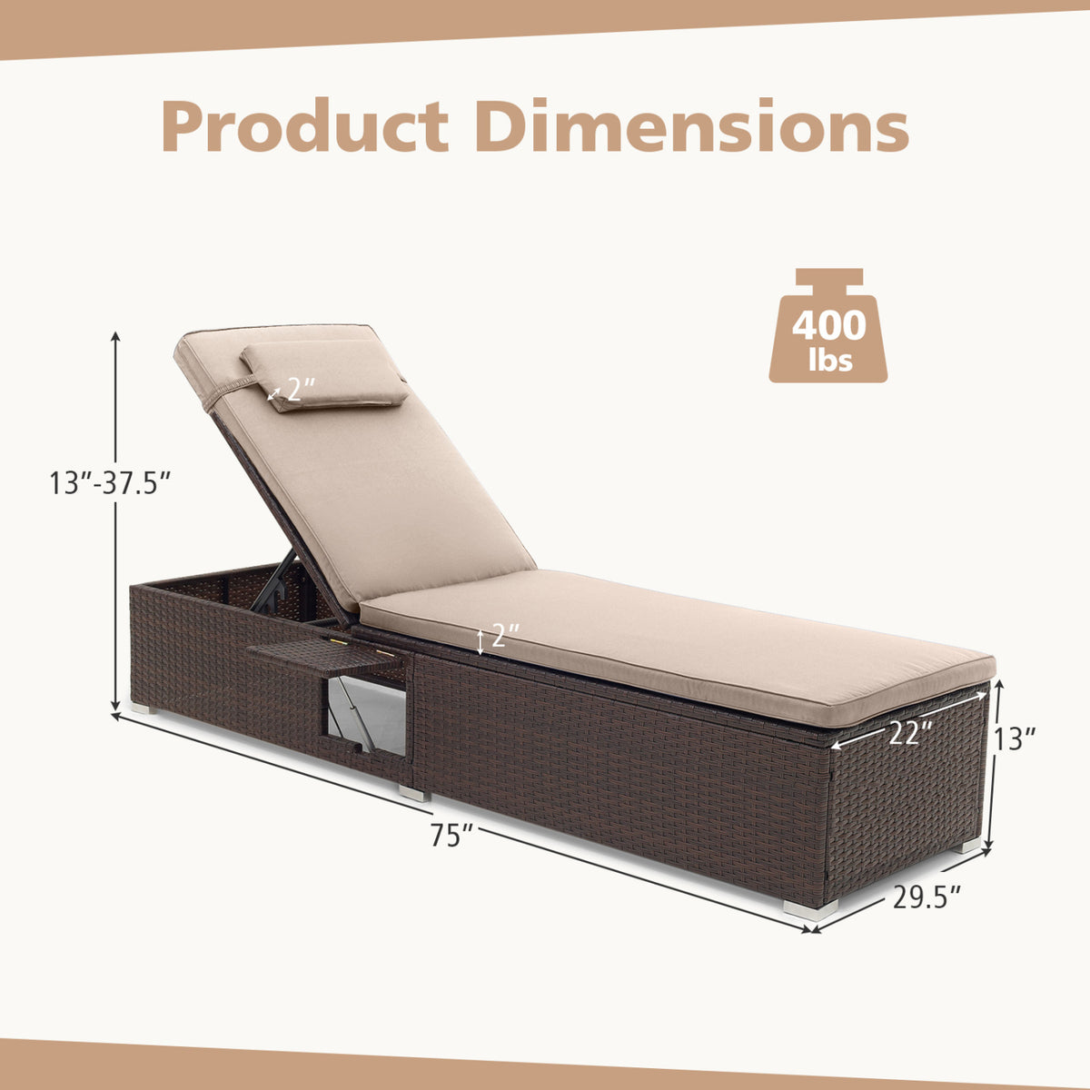 PE Rattan Chaise Lounge Set of 2 with 6-Position Adjustable Backrest and Foldable Side Table-Brown