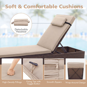 PE Rattan Chaise Lounge Set of 2 with 6-Position Adjustable Backrest and Foldable Side Table-Brown