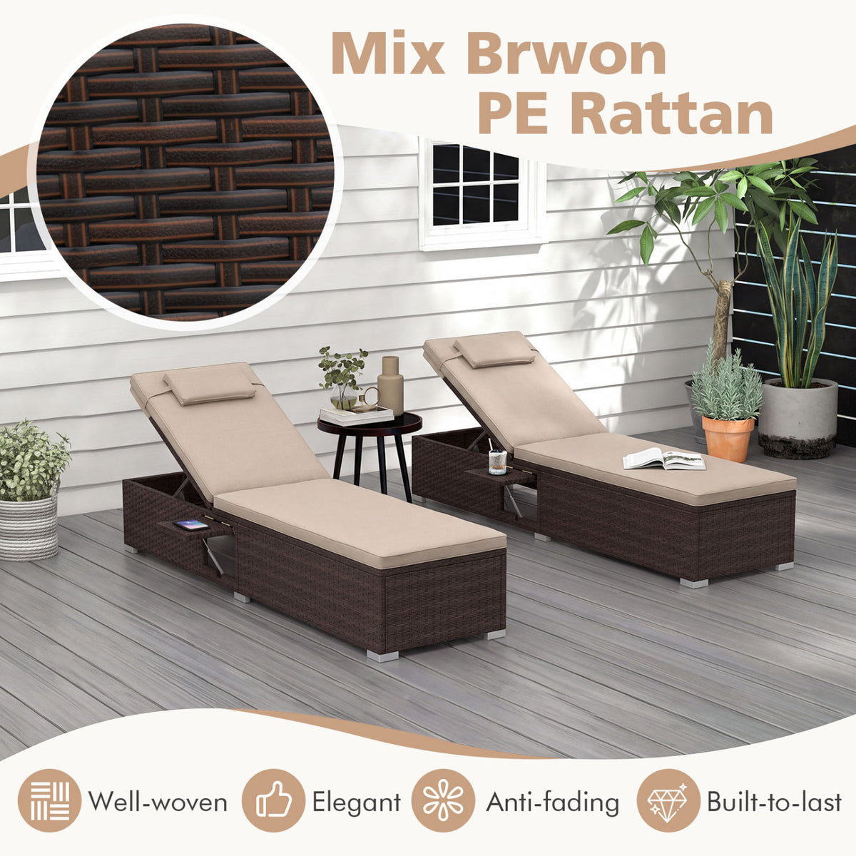 PE Rattan Chaise Lounge Set of 2 with 6-Position Adjustable Backrest and Foldable Side Table-Brown