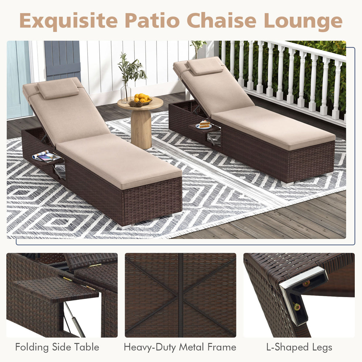 PE Rattan Chaise Lounge Set of 2 with 6-Position Adjustable Backrest and Foldable Side Table-Brown