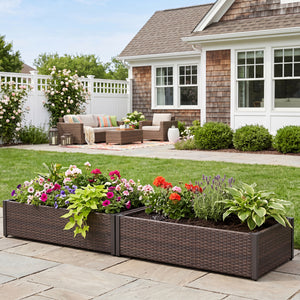 PE Rattan Elevated Raised Garden Bed with Open-Ended Base-Brown