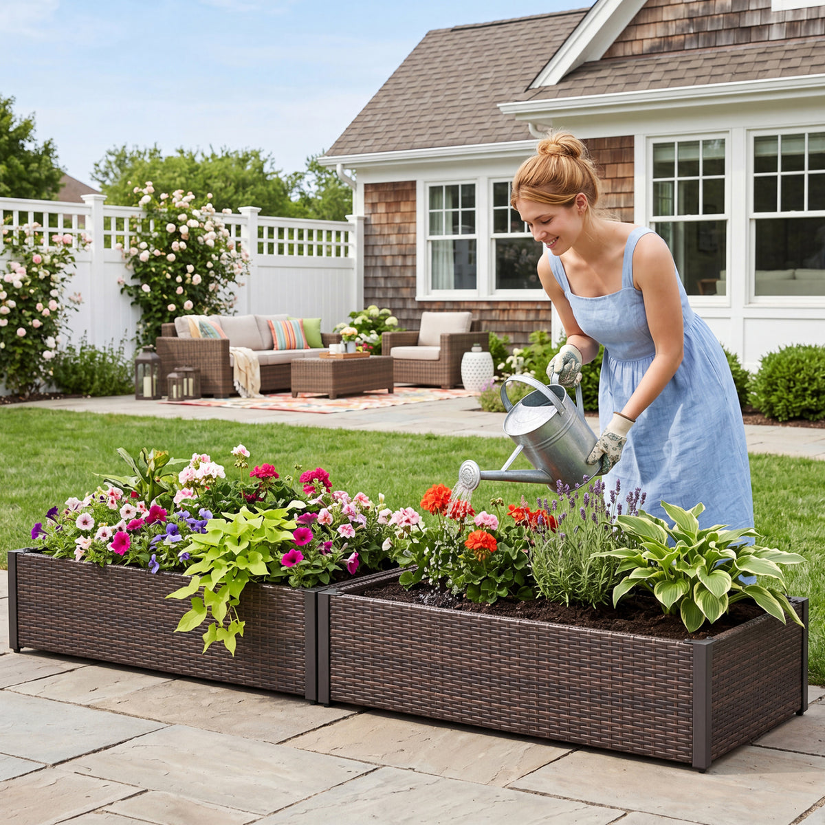 PE Rattan Elevated Raised Garden Bed with Open-Ended Base-Brown