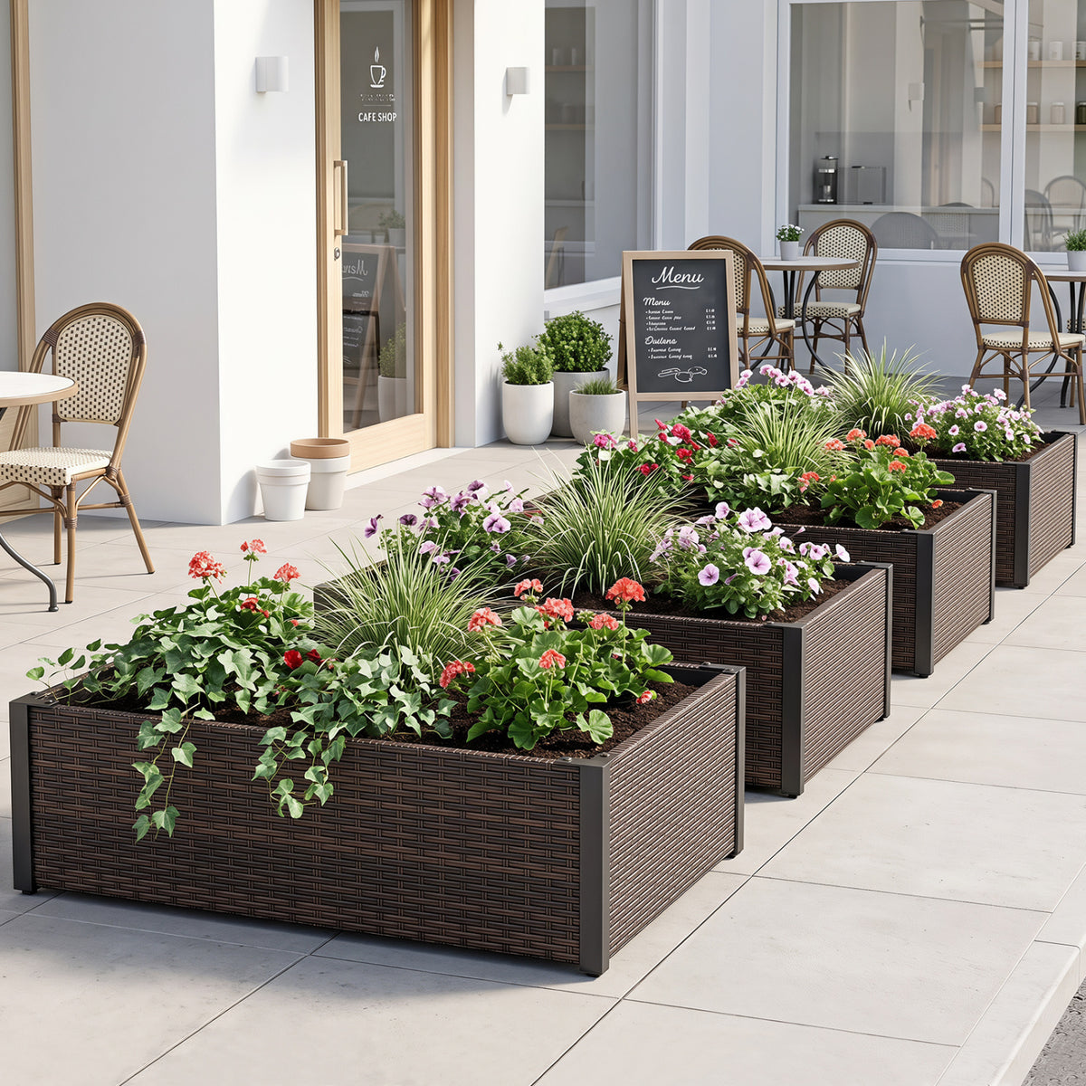 PE Rattan Elevated Raised Garden Bed with Open-Ended Base-Brown